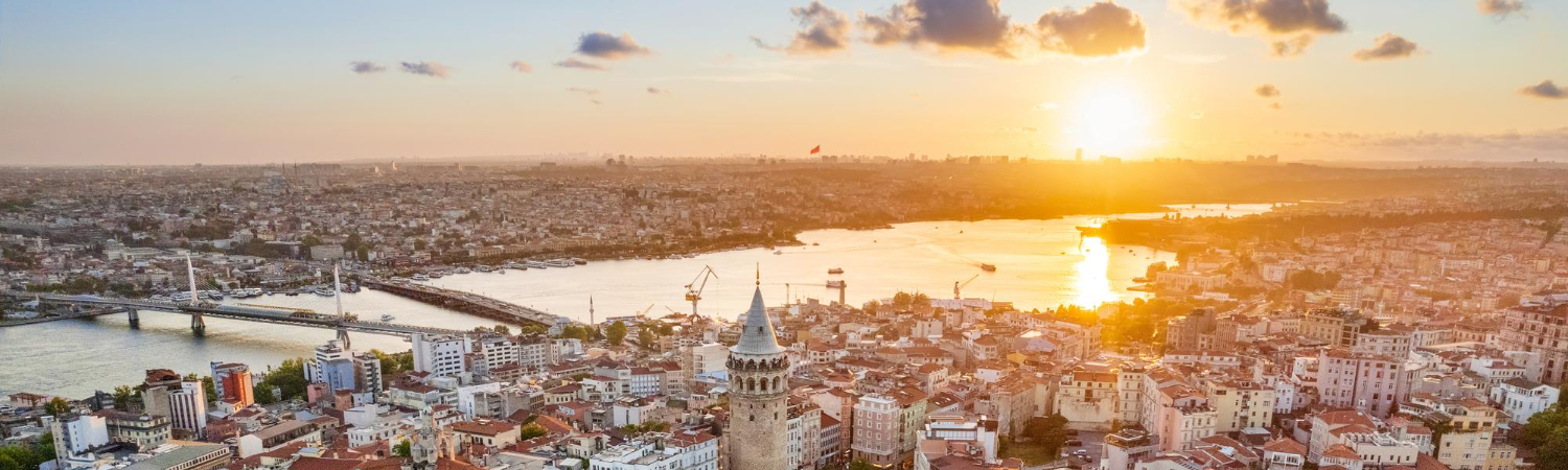 Aerial drone view of Istanbul at sunset Turkey